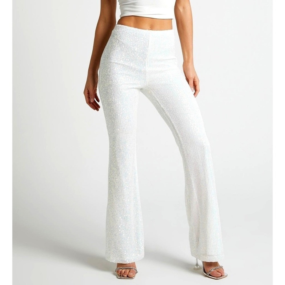 Showpo Deliza Sequins Flared Pants Iridescent Rave Side Zip Womens 2 NWT $120